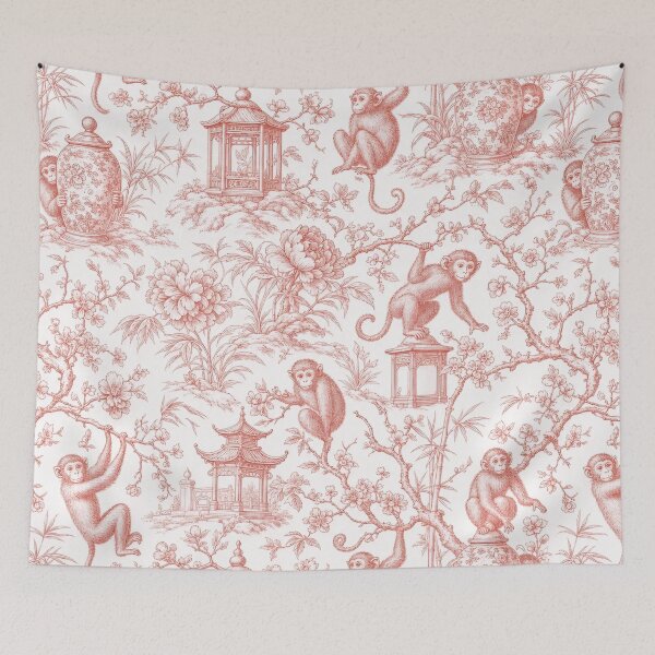 Item preview, Chinoiserie Monkey Seamless Pattern | Grandmillennial Monkey Toile Deep Coral designed and sold by StickyGuys.