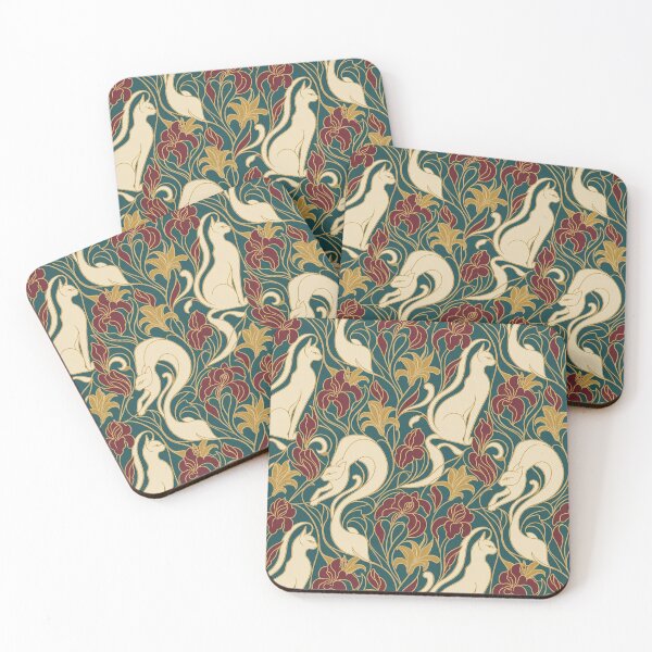 Item preview, Art Nouveau Cat Seamless Pattern | Mucha Style Cat Pattern Teal and Gold designed and sold by StickyGuys.