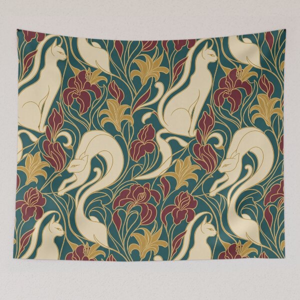 Item preview, Art Nouveau Cat Seamless Pattern | Mucha Style Cat Pattern Teal and Gold designed and sold by StickyGuys.
