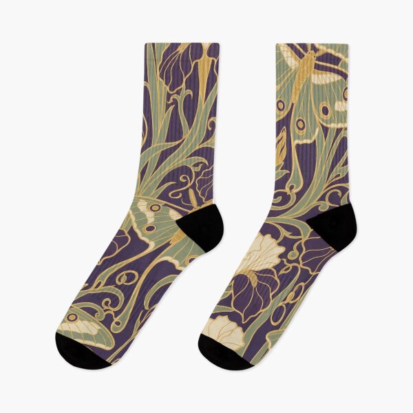 Item preview, Art Nouveau Moth and Iris Seamless Pattern | Mucha Style Dark Botanical Plum designed and sold by StickyGuys.