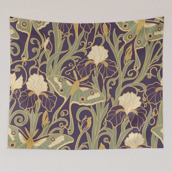 Item preview, Art Nouveau Moth and Iris Seamless Pattern | Mucha Style Dark Botanical Plum designed and sold by StickyGuys.