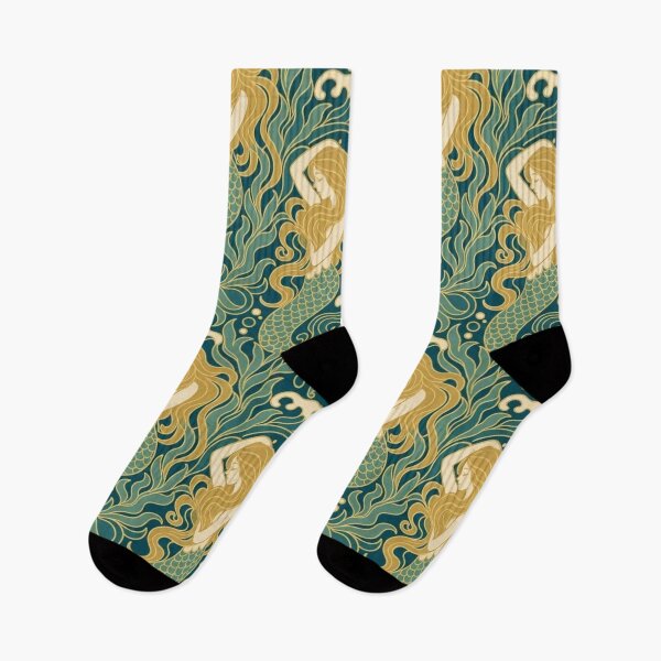 Item preview, Art Nouveau Mermaid Seamless Pattern | Mucha Style Ocean Pattern Teal and Gold designed and sold by StickyGuys.