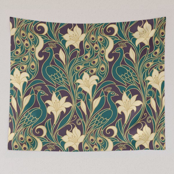 Item preview, Art Nouveau Peacock Seamless Pattern | Mucha Style Feather Pattern Teal and Gold designed and sold by StickyGuys.