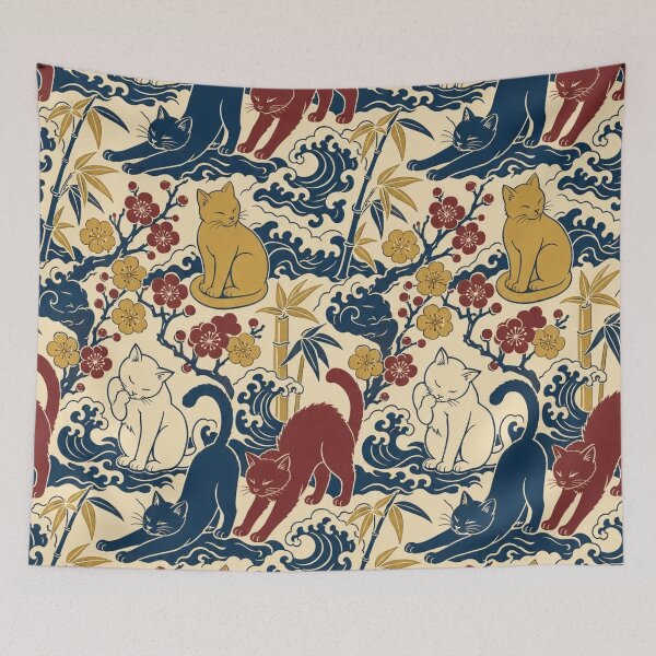 Item preview, Ukiyo-e Cat Seamless Pattern | Japanese Woodblock Cat Pattern Indigo designed and sold by StickyGuys.