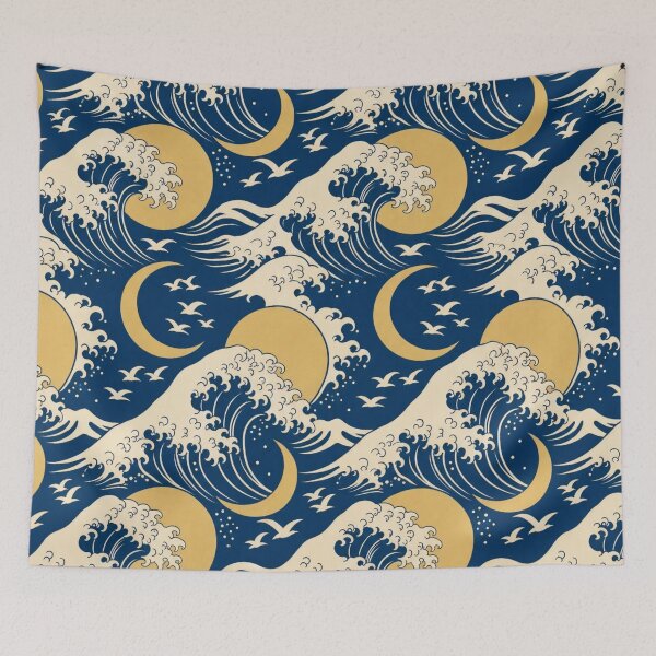 Item preview, Ukiyo-e Wave and Moon Seamless Pattern | Japanese Woodblock Indigo Pattern designed and sold by StickyGuys.