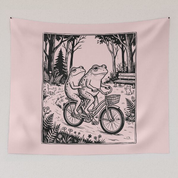 Item preview, Two Frogs on a Bike Funny Hipster Toads Linocut designed and sold by Y-Vibes.