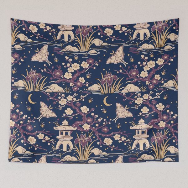 Item preview, Ukiyo-e Night Garden Seamless Pattern | Japanese Woodblock Moth Pattern Indigo designed and sold by StickyGuys.