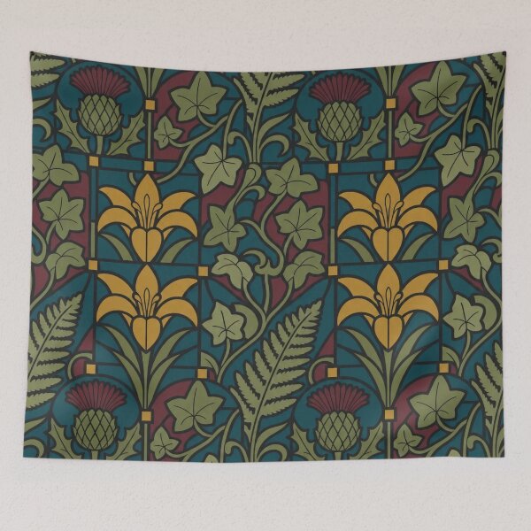 Item preview, Stained Glass Botanical Seamless Pattern | Arts and Crafts Window Pattern Teal Amber designed and sold by StickyGuys.