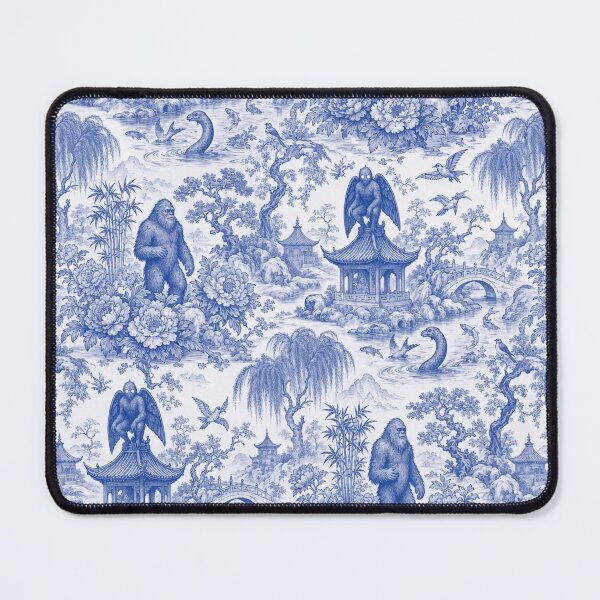 Item preview, Chinoiserie Cryptid Seamless Pattern | Blue and White Mothman Nessie Bigfoot Toile designed and sold by StickyGuys.