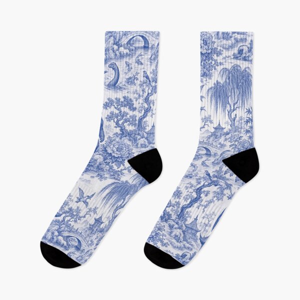Artikelvorschau, Nahtloses Chinoiserie-Kryptidenmuster | Blau-weißes Mottenmann-Nessie-Bigfoot-Toile-de-Jouy-Muster entworfen und verkauft von StickyGuys.