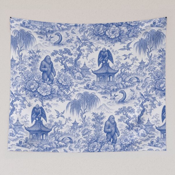 Item preview, Chinoiserie Cryptid Seamless Pattern | Blue and White Mothman Nessie Bigfoot Toile designed and sold by StickyGuys.