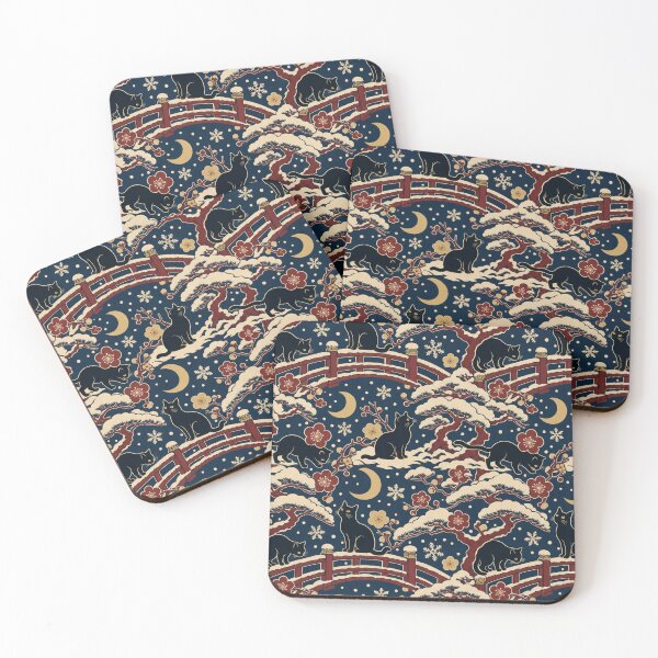 Item preview, Ukiyo-e Black Cat Winter Seamless Pattern | Japanese Woodblock Christmas Cat Indigo designed and sold by StickyGuys.