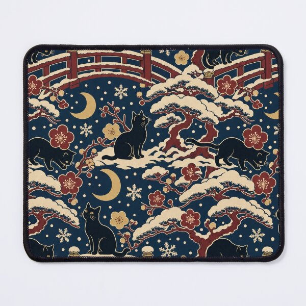 Item preview, Ukiyo-e Black Cat Winter Seamless Pattern | Japanese Woodblock Christmas Cat Indigo designed and sold by StickyGuys.