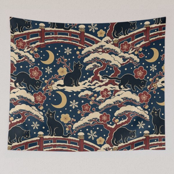 Item preview, Ukiyo-e Black Cat Winter Seamless Pattern | Japanese Woodblock Christmas Cat Indigo designed and sold by StickyGuys.