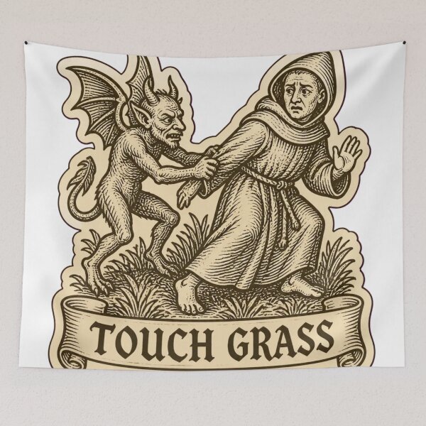 Item preview, Touch Grass Medieval Woodcut Meme | Funny Medieval Art Demon Monk Humor designed and sold by StickyGuys.