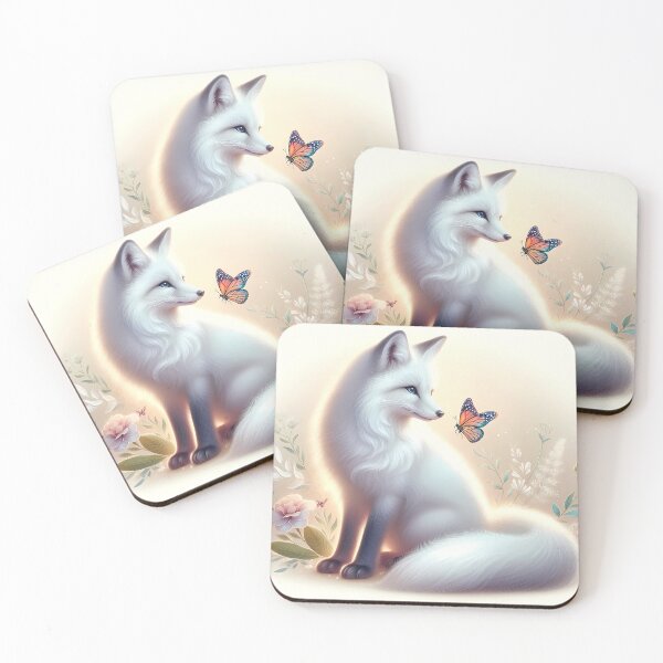 Item preview, Enchanted White Fox with Butterfly and Flowers - Magical Nature Art designed and sold by jo-e-basta.