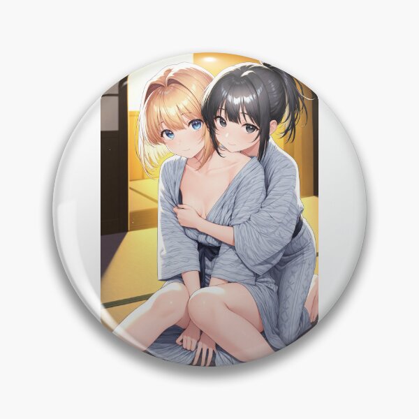 Item preview, Anime Girls Hugging In Cozy Japanese Ryokan Room Warm Indoor Lamp Lighting Wearing Light Blue Yukata designed and sold by JapaneseArtAI.