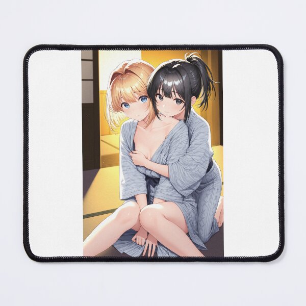 Item preview, Anime Girls Hugging In Cozy Japanese Ryokan Room Warm Indoor Lamp Lighting Wearing Light Blue Yukata designed and sold by JapaneseArtAI.