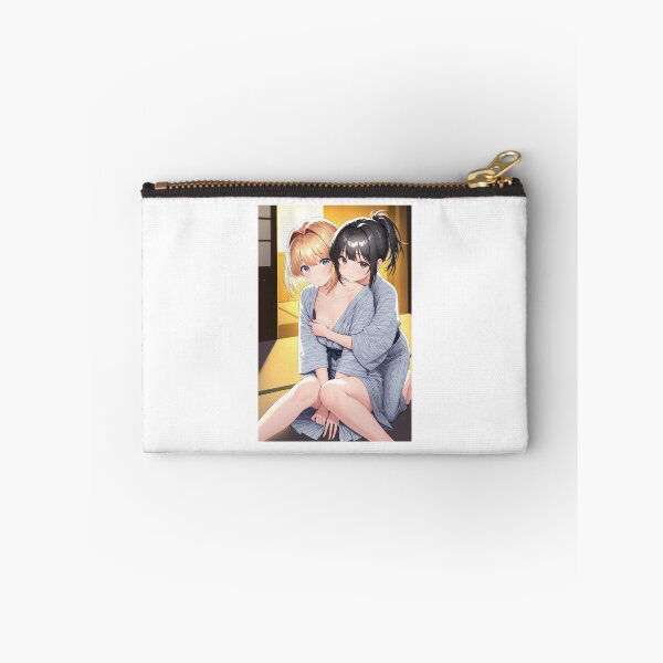 Item preview, Anime Girls Hugging In Cozy Japanese Ryokan Room Warm Indoor Lamp Lighting Wearing Light Blue Yukata designed and sold by JapaneseArtAI.