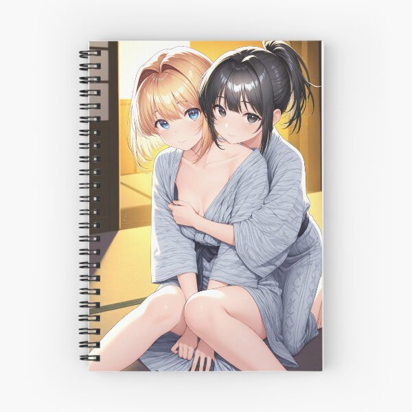 Item preview, Anime Girls Hugging In Cozy Japanese Ryokan Room Warm Indoor Lamp Lighting Wearing Light Blue Yukata designed and sold by JapaneseArtAI.