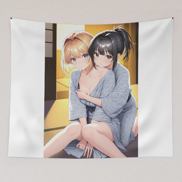 Item preview, Anime Girls Hugging In Cozy Japanese Ryokan Room Warm Indoor Lamp Lighting Wearing Light Blue Yukata designed and sold by JapaneseArtAI.