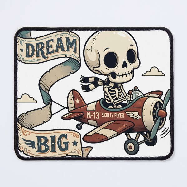 Item preview, Skeleton Pilot Wearing Scarf Flying Red Airplane with Dream Big Banner designed and sold by MisteryDesigner.