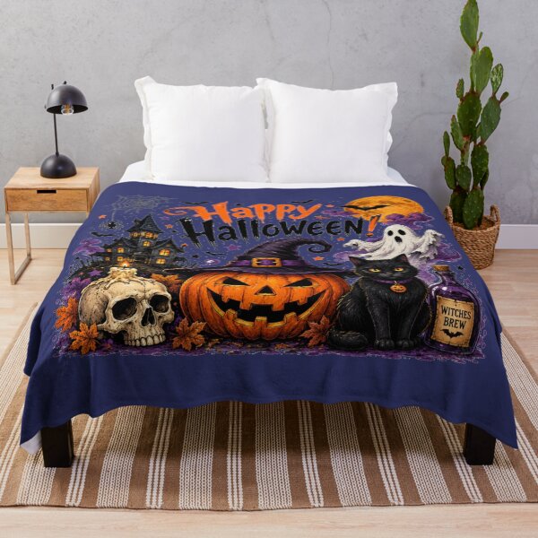Item preview, Vintage Happy Halloween Spooky Haunted House Pumpkin Cat Art designed and sold by Evelashop.