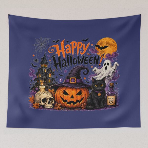 Item preview, Vintage Happy Halloween Spooky Haunted House Pumpkin Cat Art designed and sold by Evelashop.