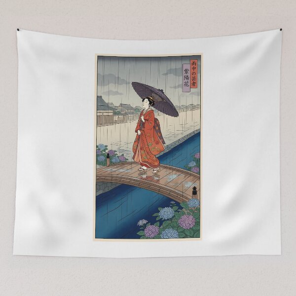 Item preview, Geisha in the Rain with Hydrangeas designed and sold by TokyoUkiyoHouse.
