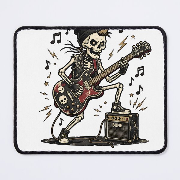Item preview, Skeleton in Beanie and Studded Vest Playing Red Electric Guitar with Foot on Bone Amplifier designed and sold by MisteryDesigner.