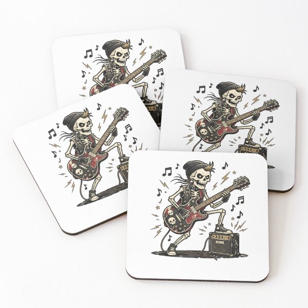 Item preview, Skeleton in Beanie and Studded Vest Playing Red Electric Guitar with Foot on Bone Amplifier designed and sold by MisteryDesigner.
