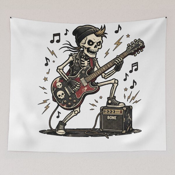 Item preview, Skeleton in Beanie and Studded Vest Playing Red Electric Guitar with Foot on Bone Amplifier designed and sold by MisteryDesigner.