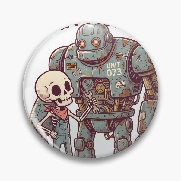 Item preview, Skeleton Mechanic in Denim Overalls Holding Wrench Beside Giant Rusty Robot designed and sold by MisteryDesigner.