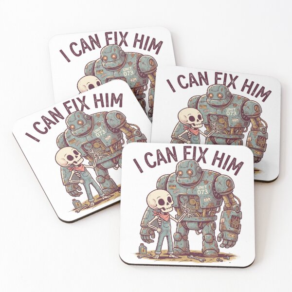 Item preview, Skeleton Mechanic in Denim Overalls Holding Wrench Beside Giant Rusty Robot designed and sold by MisteryDesigner.