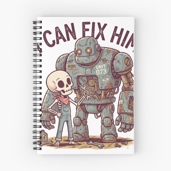 Item preview, Skeleton Mechanic in Denim Overalls Holding Wrench Beside Giant Rusty Robot designed and sold by MisteryDesigner.