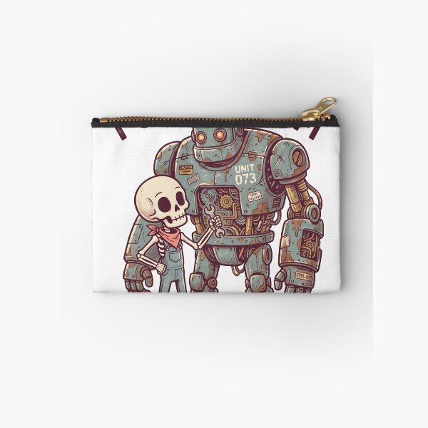 Item preview, Skeleton Mechanic in Denim Overalls Holding Wrench Beside Giant Rusty Robot designed and sold by MisteryDesigner.