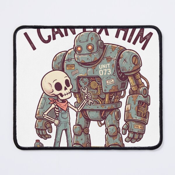 Item preview, Skeleton Mechanic in Denim Overalls Holding Wrench Beside Giant Rusty Robot designed and sold by MisteryDesigner.