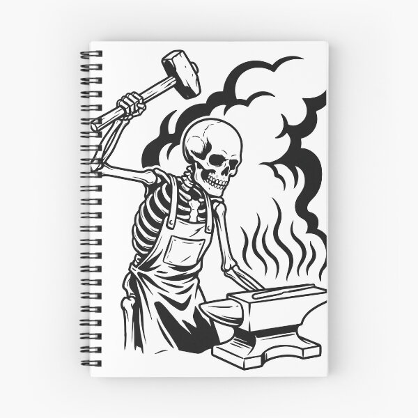 Item preview, Skeleton Blacksmith Wearing Apron Raising Heavy Hammer Above Anvil designed and sold by MisteryDesigner.