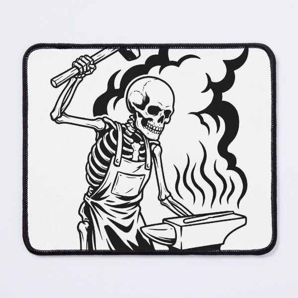 Item preview, Skeleton Blacksmith Wearing Apron Raising Heavy Hammer Above Anvil designed and sold by MisteryDesigner.