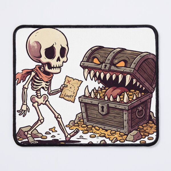 Item preview, Skeleton with Scarf Holding Treasure Map Beside Open Mimic Chest designed and sold by MisteryDesigner.
