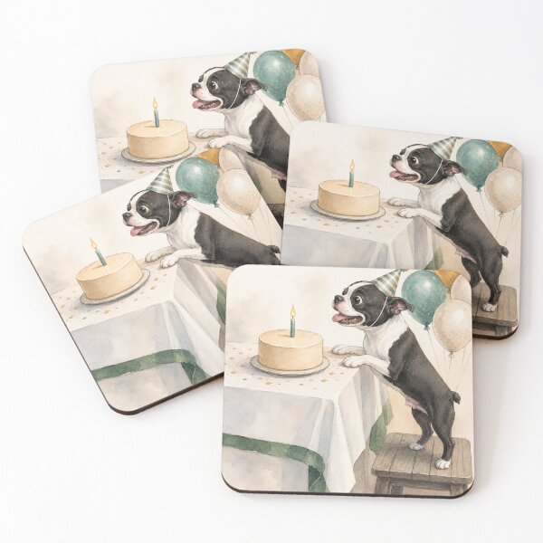 Item preview, Boston Terrier Puppy Happy Birthday Party Watercolor Art designed and sold by LavIsInTheAir.