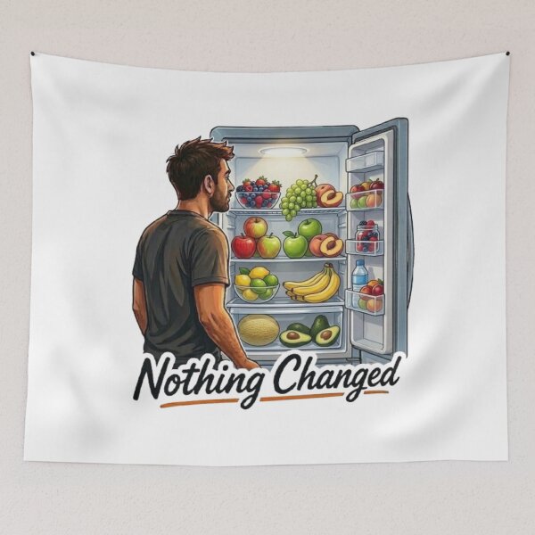 Item preview, Nothing Changed Funny Man Looking into Full Fridge Illustration designed and sold by Northern Glow Art.