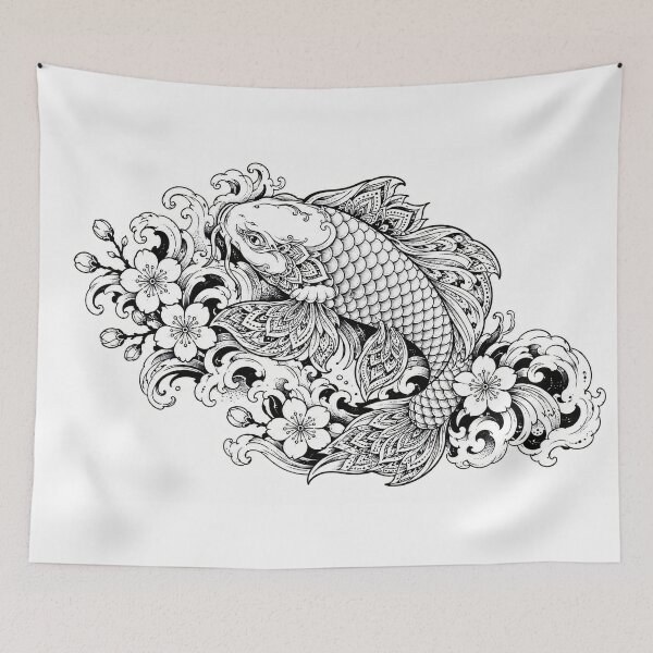 Item preview, Japanese Koi Fish Mandala Art | Black and White Floral Koi Illustration | Sacred Geometry Animal Mandala | Zen Wall Art Print designed and sold by suryabumblee.