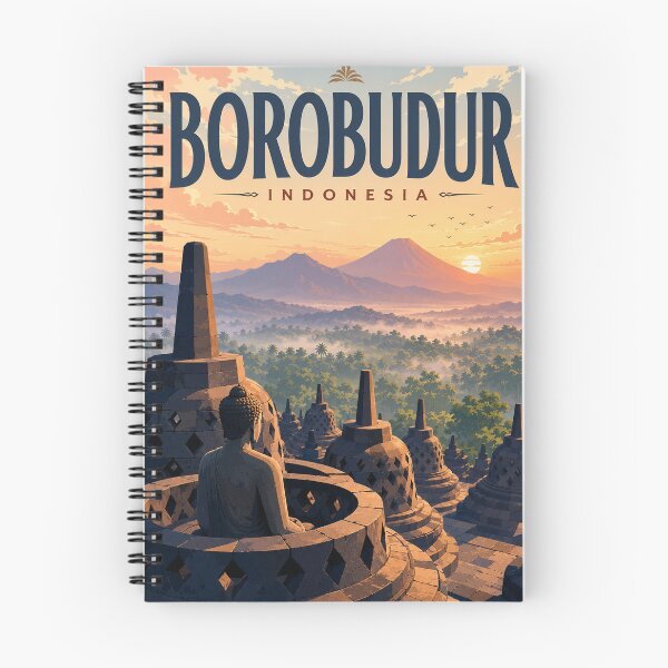 Aperçu de l'œuvre Temple de Borobudur Java central en Indonésie avec le lever du soleil sur le Mont Merapi créée et vendue par Aryabek.
