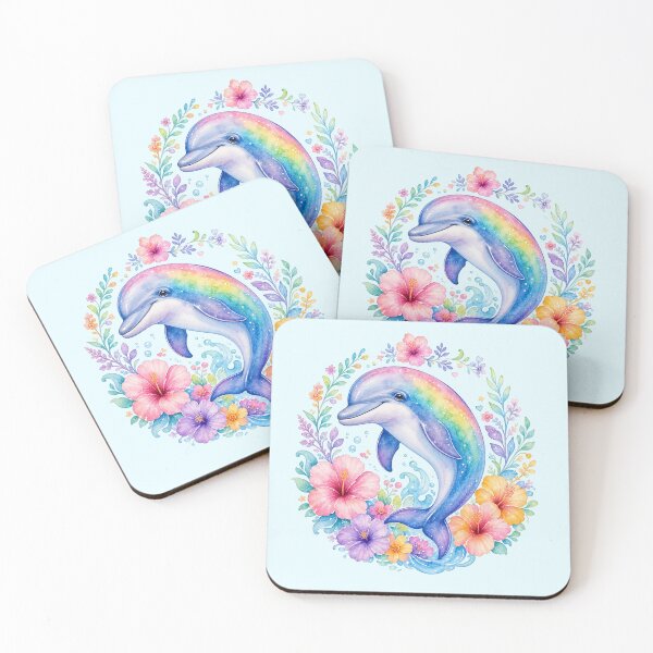 Item preview, Rainbow Dolphin with Tropical Flowers Watercolor Art designed and sold by SweetLilith.