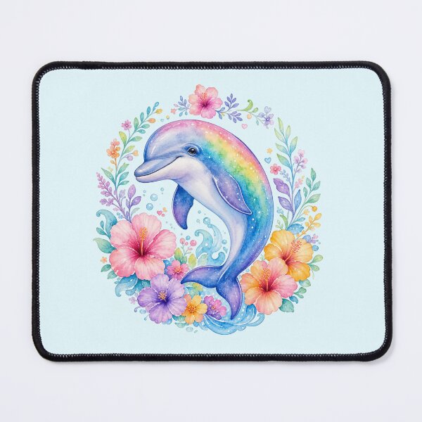 Item preview, Rainbow Dolphin with Tropical Flowers Watercolor Art designed and sold by SweetLilith.