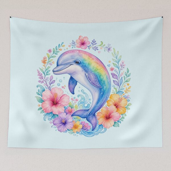 Item preview, Rainbow Dolphin with Tropical Flowers Watercolor Art designed and sold by SweetLilith.