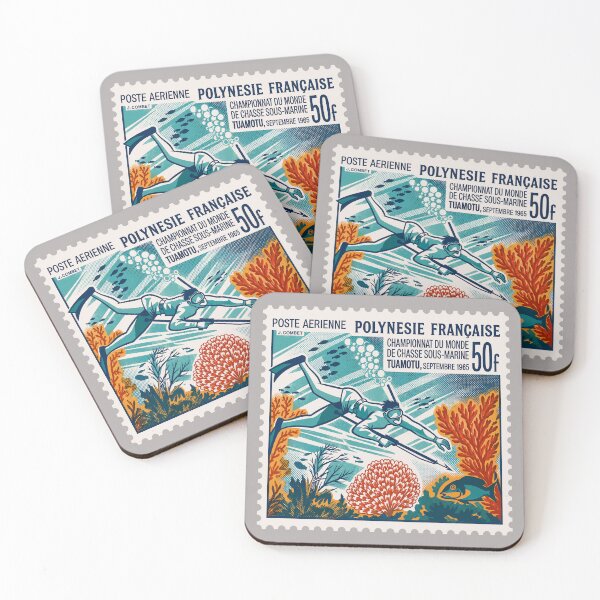 Item preview, Vintage French Polynesia Spearfishing Stamp – Retro Tuamotu Diving & Coral Reef Art designed and sold by retrographics.