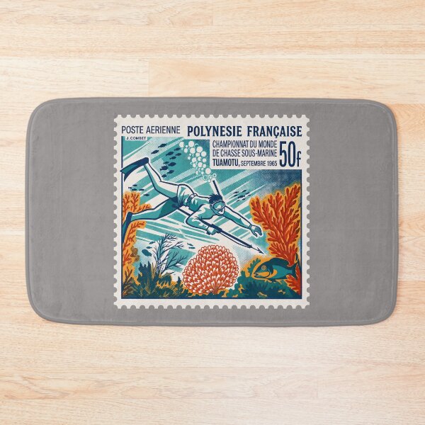 Item preview, Vintage French Polynesia Spearfishing Stamp – Retro Tuamotu Diving & Coral Reef Art designed and sold by retrographics.