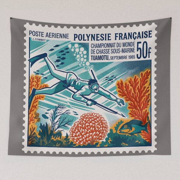 Item preview, Vintage French Polynesia Spearfishing Stamp – Retro Tuamotu Diving & Coral Reef Art designed and sold by retrographics.